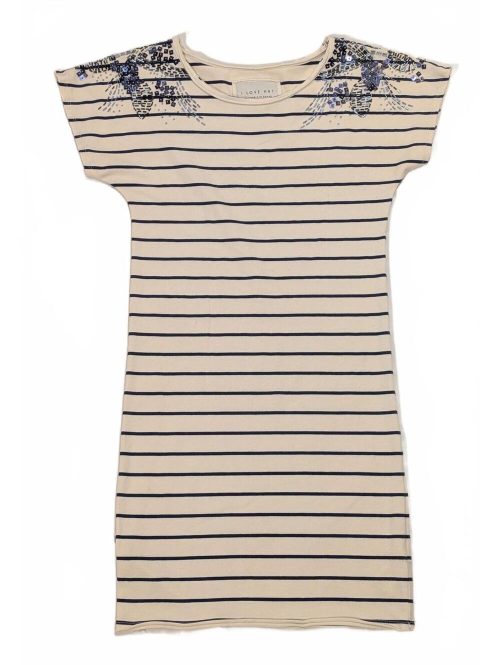 i Love H81 White Navy Striped Blue Beaded 100% Cotton Bodycon Dress Size Small